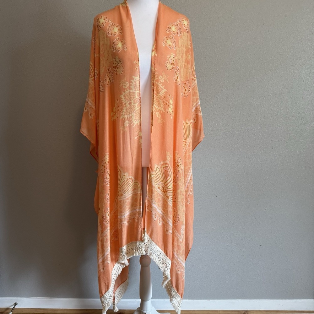 Say What Boho Mandala Tassel Kimono Duster L/XL Peach Lagenlook Fringe Artsy‎